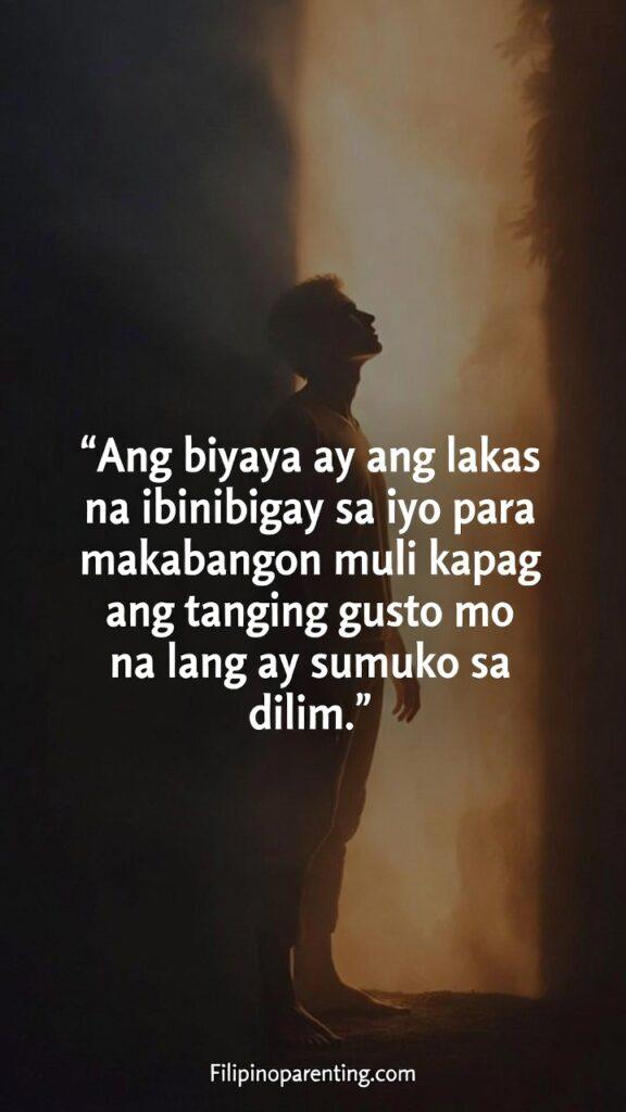Tagalog Quotes on God’s Endless Mercy and Grace: 5 Eternal Truths A figure rising from darkness into light, paired with a Tagalog quote about grace giving strength.