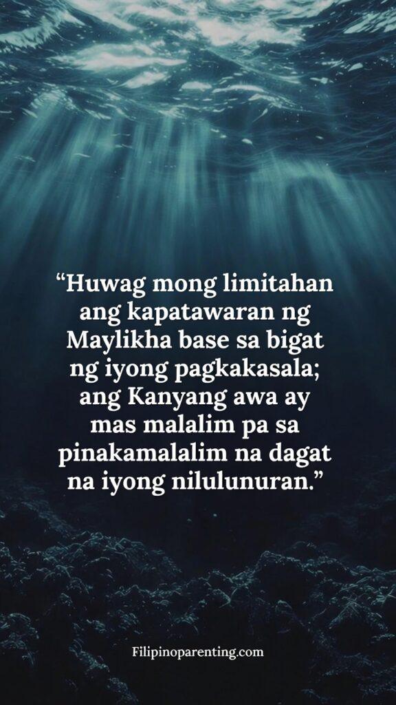 Tagalog Quotes on God’s Endless Mercy and Grace: 5 Eternal Truths Deep ocean scene with light breaking through water, paired with a Tagalog quote about God’s limitless forgiveness.