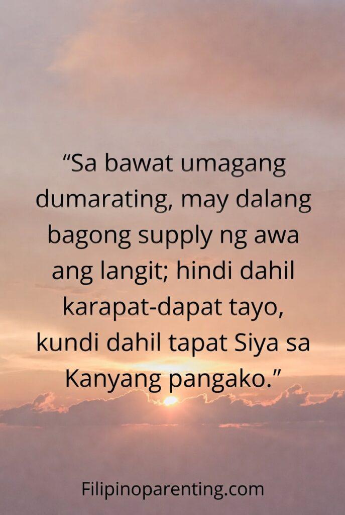 Tagalog Quotes on God’s Endless Mercy and Grace: 5 Eternal Truths A peaceful sunrise with warm pastel colors and a Tagalog quote about God’s daily mercy.
