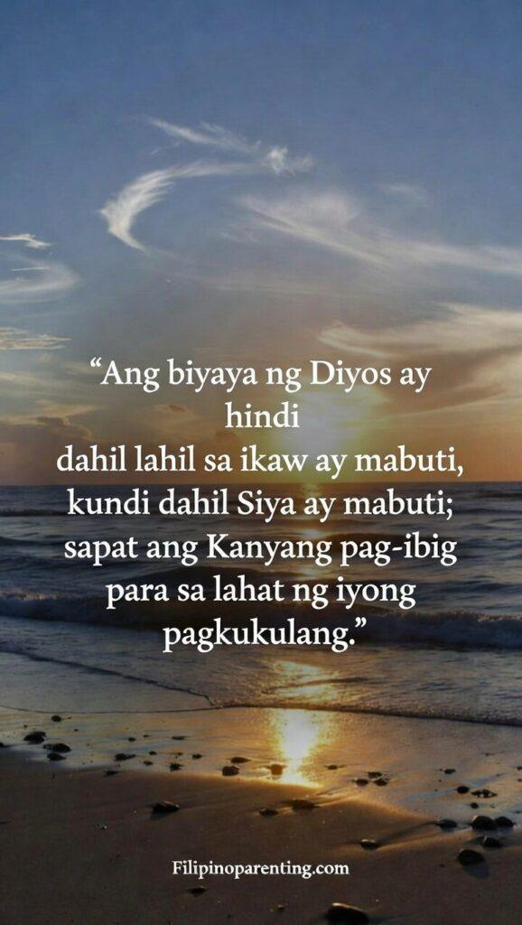 Tagalog Quotes on God’s Unending Grace and Love: 5 Miraculous Reflections Vertical image featuring a serene sunrise and a Tagalog quote about God’s grace and love for our shortcomings.