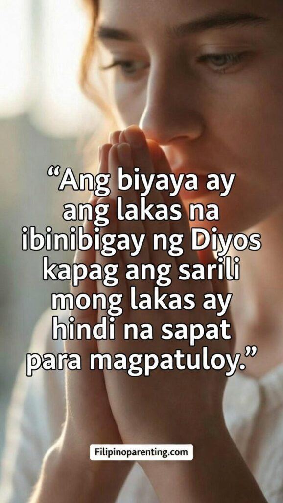 Tagalog Quotes on God’s Unending Grace and Love: 5 Miraculous Reflections A vertical image of hands clasped in prayer with a Tagalog quote about grace being strength when our own strength fails.