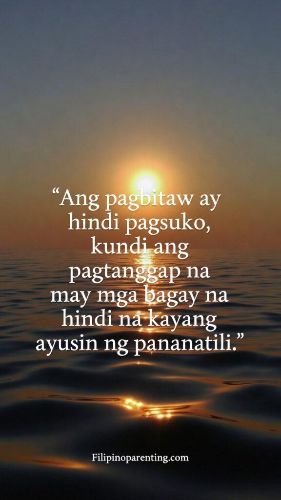 Tagalog Quotes on Moving On and Pagbitaw: 5 Empowering Lessons A peaceful silhouette of a person standing by a calm lake at dawn, symbolizing emotional release.