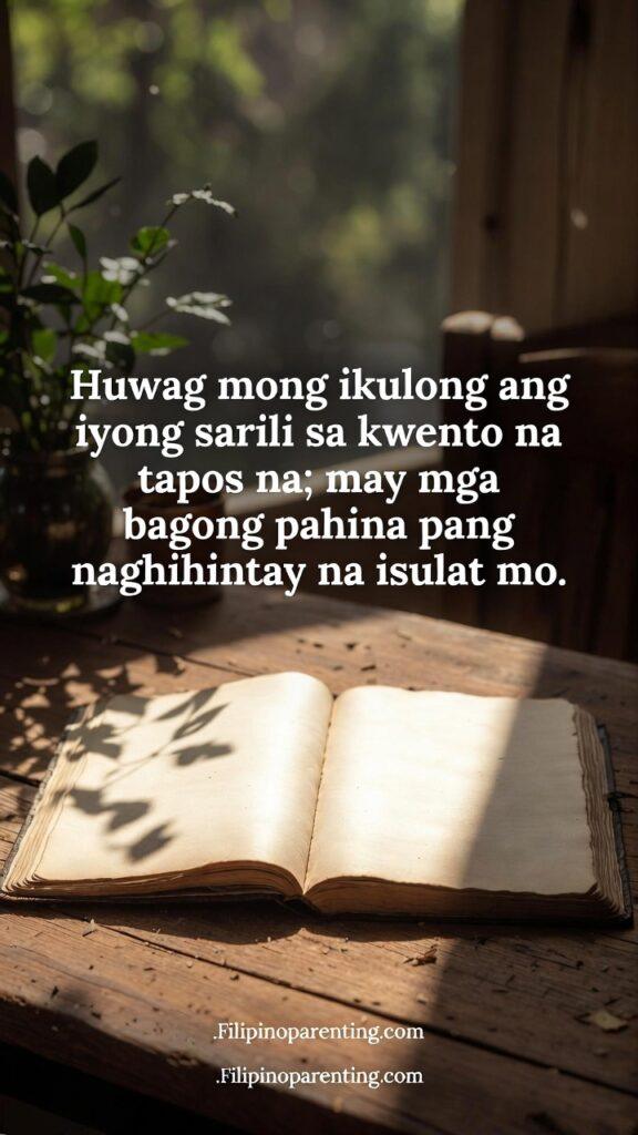 Tagalog Quotes on Moving On and Pagbitaw: 5 Empowering Lessons An open book on a wooden table with sunlight streaming through a window, highlighting blank pages.