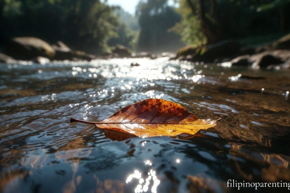 A leaf floating on a stream representing Tagalog Quotes on Moving On and Pagbitaw.
