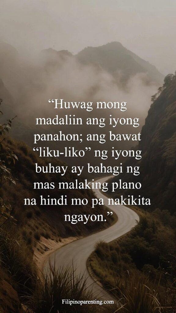 Tagalog Quotes on Trusting the Journey and Faith: 5 Sacred Truths Maalinsangang liku-likong daan na may Tagalog na mensahe tungkol sa tamang panahon.
