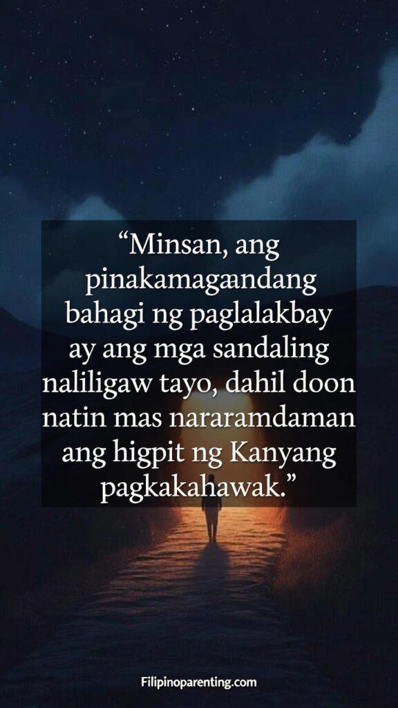 Tagalog Quotes on Trusting the Journey and Faith: 5 Sacred Truths Silweta sa madilim na landas na may Tagalog na mensahe tungkol sa paghawak ng Diyos.