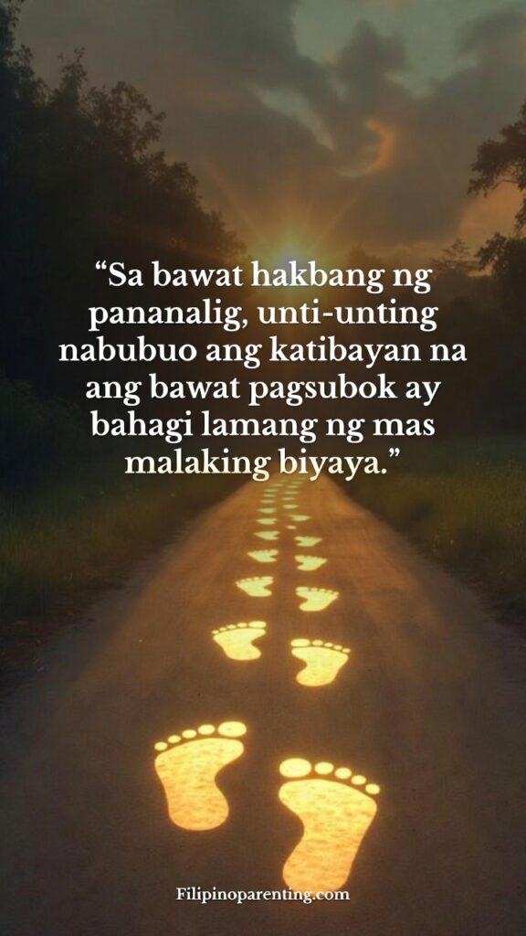 Tagalog Quotes on Trusting the Journey and Faith: 5 Sacred Truths Nagniningning na mga yapak na may Tagalog na mensahe tungkol sa biyaya at pananampalataya.