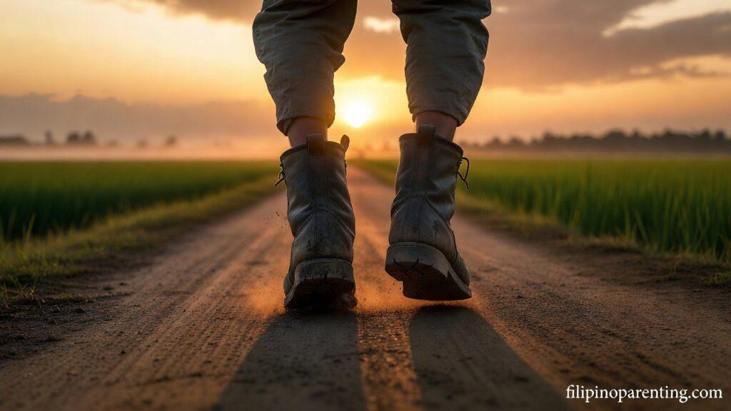 Tagalog Quotes on Trusting the Journey and Faith: 5 Sacred Truths Leather boots walking on a golden road representing Tagalog Quotes on Trusting the Journey and Faith.