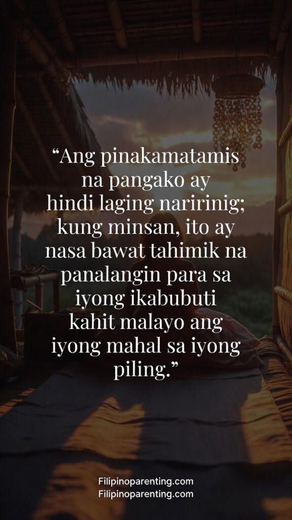 Tagalog Quotes on Unspoken Love and Longing: 5 Unshakable Truths Vertical image with a warm, quiet Filipino sunset and a quote about silent prayers and unspoken devotion.