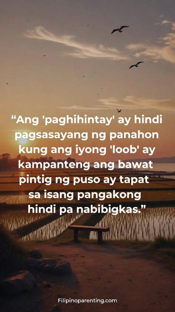 Tagalog Quotes on Unspoken Love and Longing: 5 Unshakable Truths Vertical image with a peaceful Filipino sunrise symbolizing patient and faithful waiting.