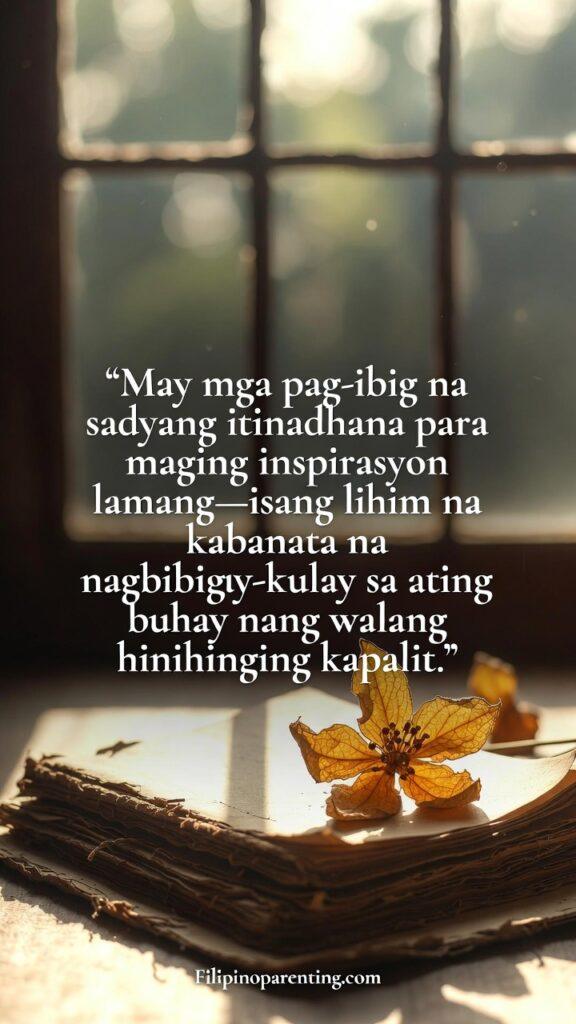 Tagalog Quotes on Unspoken Love and Longing: 5 Unshakable Truths Vertical image with nostalgic Filipino elements symbolizing a secret love that inspires.