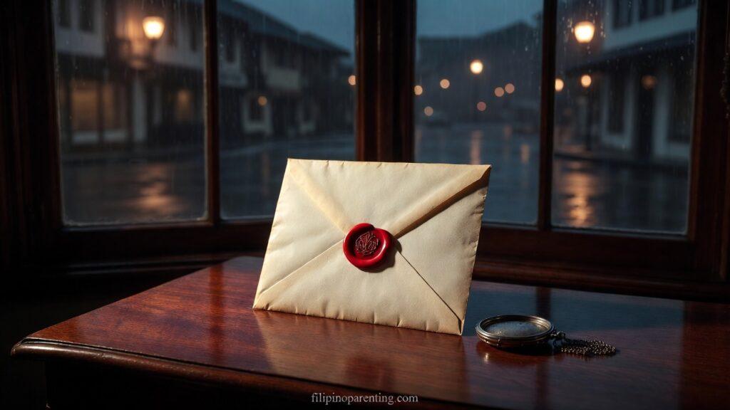 Tagalog Quotes on Unspoken Love and Longing: 5 Unshakable Truths A sealed letter and locket on a desk representing Tagalog Quotes on Unspoken Love and Longing.