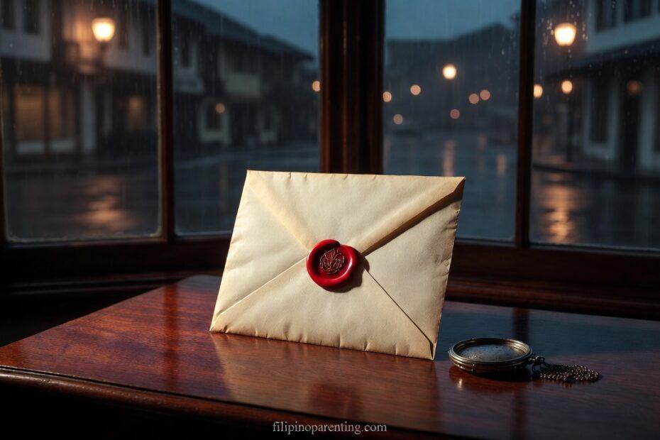 A sealed letter and locket on a desk representing Tagalog Quotes on Unspoken Love and Longing.