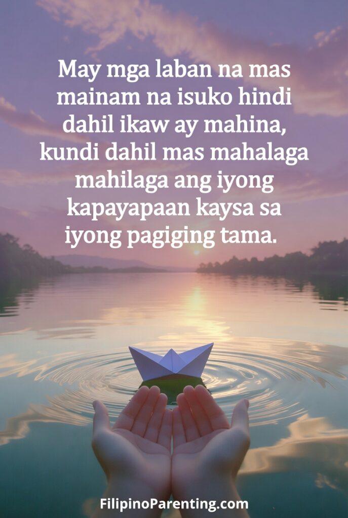 Tagalog Sayings Choosing Peace Inner Calm: 5 Unbeatable Truths Hands releasing a leaf into a still lake during sunrise, symbolizing surrender and peace.