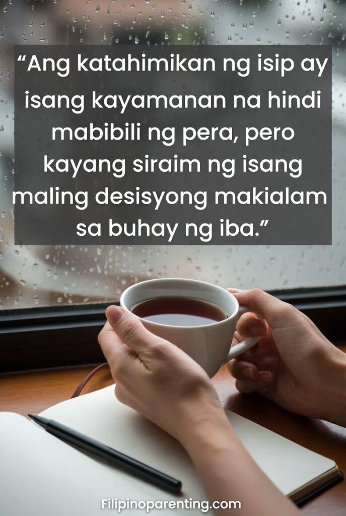 Tagalog Sayings Choosing Peace Inner Calm: 5 Unbeatable Truths A quiet, cozy indoor scene with tea and a journal, representing a peaceful mind and boundaries.