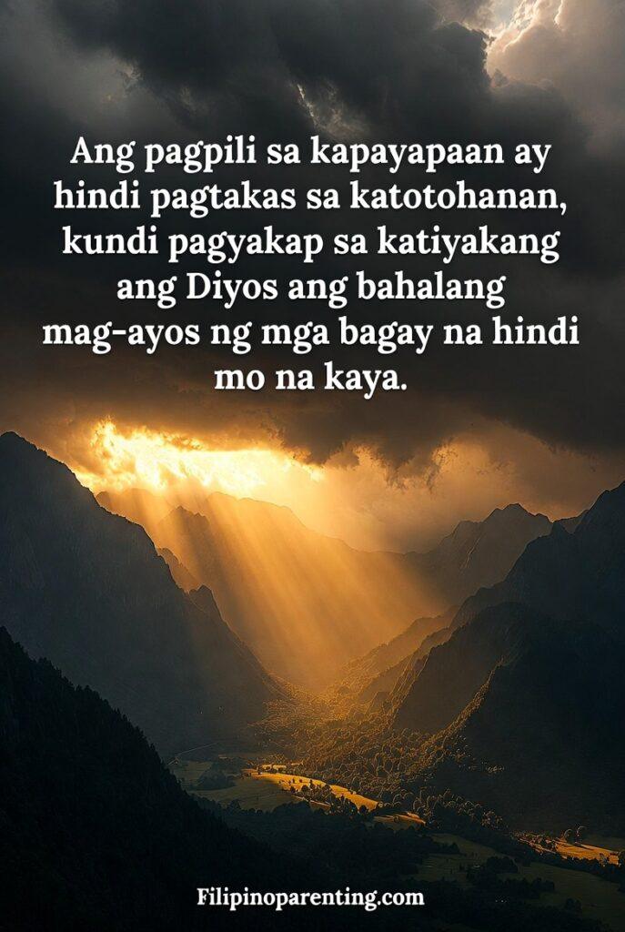 Tagalog Sayings Choosing Peace Inner Calm: 5 Unbeatable Truths Sunbeams breaking through dark storm clouds over mountains, symbolizing faith and divine order.