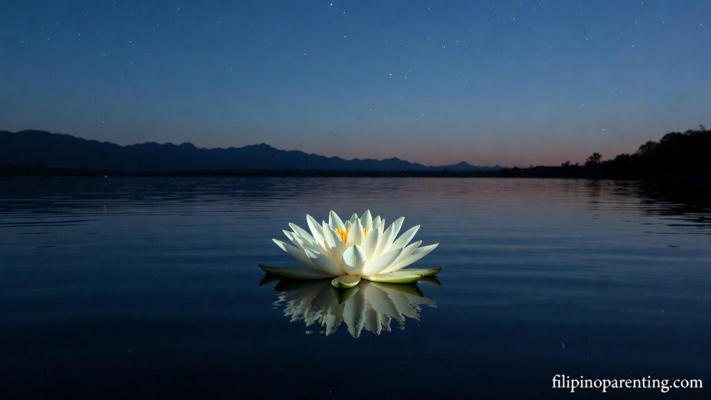 Tagalog Sayings Choosing Peace Inner Calm: 5 Unbeatable Truths A white lotus on a still lake representing Tagalog Sayings Choosing Peace Inner Calm.