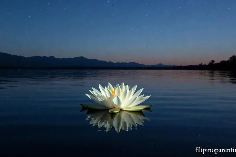 A white lotus on a still lake representing Tagalog Sayings Choosing Peace Inner Calm.