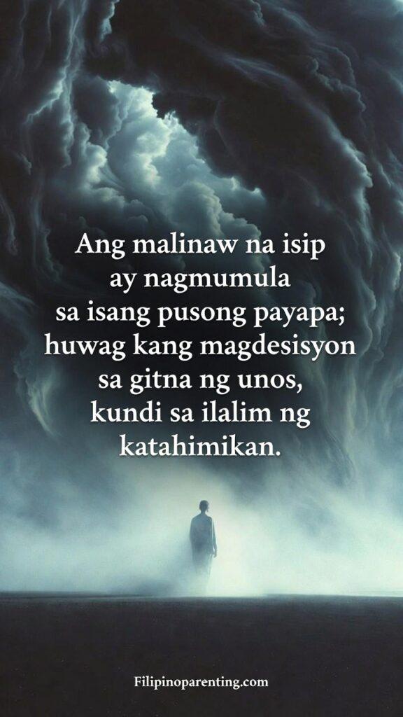 Tagalog Sayings Finding Calm Stillness Clarity: 5 Infinite Truths A serene figure standing calmly at the center of a storm, symbolizing clarity and inner peace.