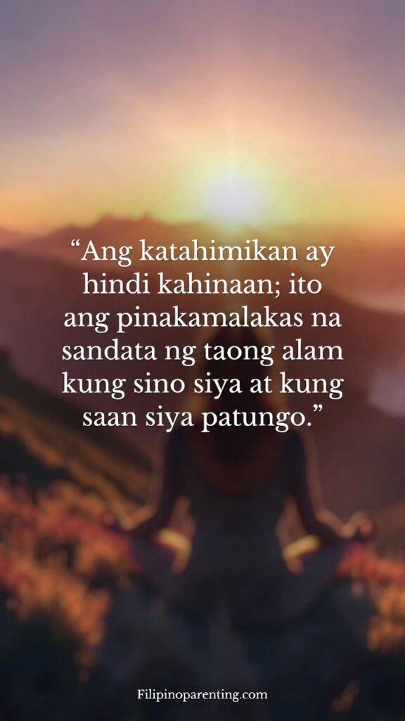 Tagalog Sayings Finding Calm Stillness Clarity: 5 Infinite Truths A meditative silhouette on a mountain at sunset, symbolizing strength through stillness.