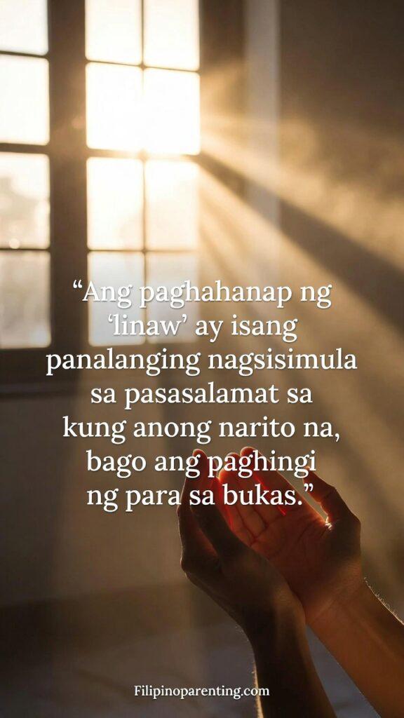 Tagalog Sayings Finding Calm Stillness Clarity: 5 Infinite Truths Hands in a gentle posture of gratitude illuminated by soft morning light.