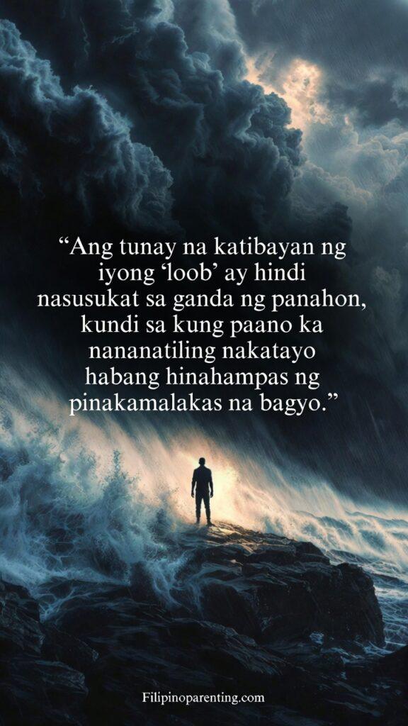 Tagalog Sayings Learning from Storm Life Lessons: 5 Unstoppable Truths A person standing firm on a cliff during a violent storm with waves crashing and light breaking through clouds.