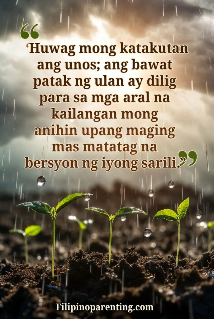 Tagalog Sayings Learning from Storm Life Lessons: 5 Unstoppable Truths Raindrops falling on small green seedlings during a storm with soft light breaking through.