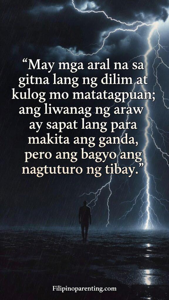 Tagalog Sayings Learning from Storm Life Lessons: 5 Unstoppable Truths A lone figure walking through a dark stormy night lit by flashes of lightning.