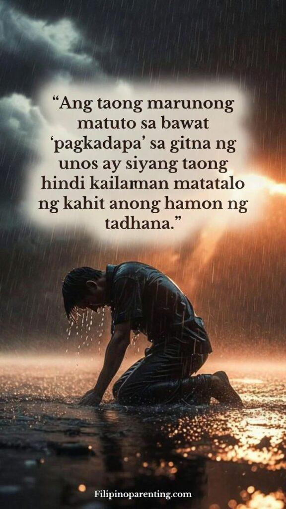 Tagalog Sayings Learning from Storm Life Lessons: 5 Unstoppable Truths A person kneeling on wet ground in heavy rain, rising with determination as light shines behind them.