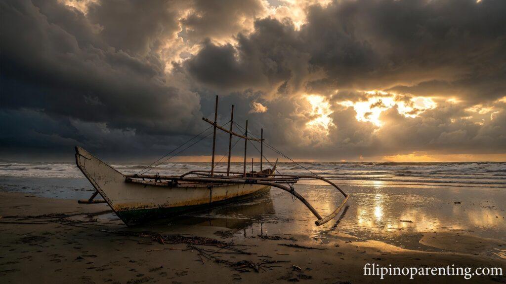 Tagalog Sayings Learning from Storm Life Lessons: 5 Unstoppable Truths A Bangka on a beach after a storm representing Tagalog Sayings Learning from Storm Life Lessons.
