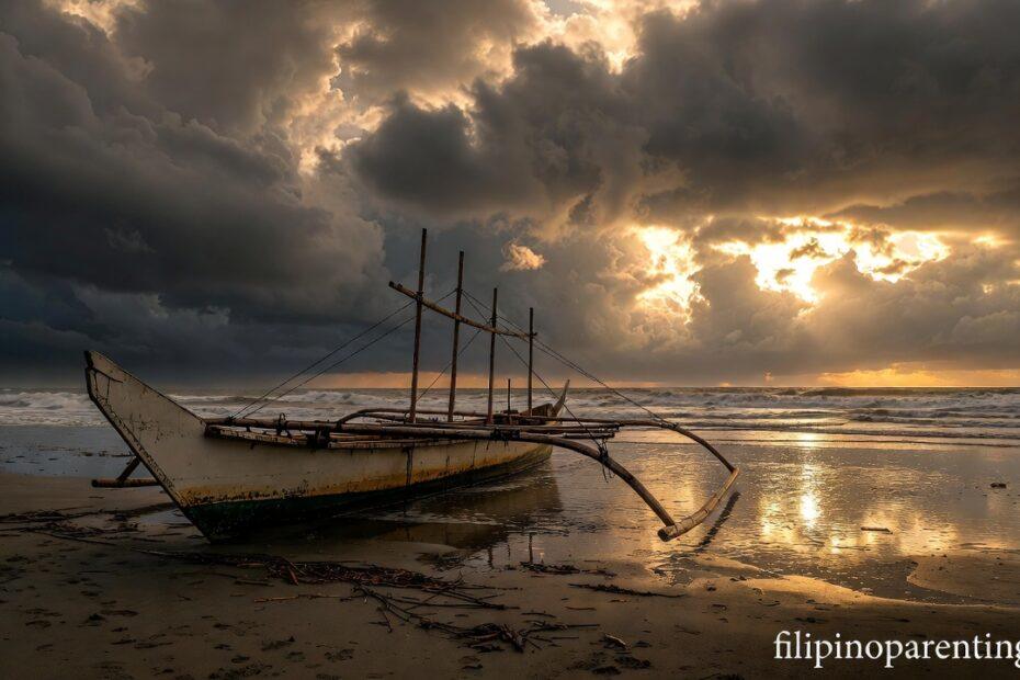 A Bangka on a beach after a storm representing Tagalog Sayings Learning from Storm Life Lessons.