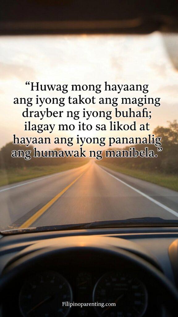 Tagalog Sayings Overcome Fear Stay Brave: 5 Indomitable Truths A close-up of a car steering wheel driving toward a bright, sunlit road with a blurred rearview mirror.