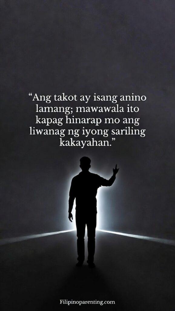 Tagalog Sayings Overcome Fear Stay Brave: 5 Indomitable Truths A person standing in a bright beam of light in a dark room, casting a long shadow behind them.