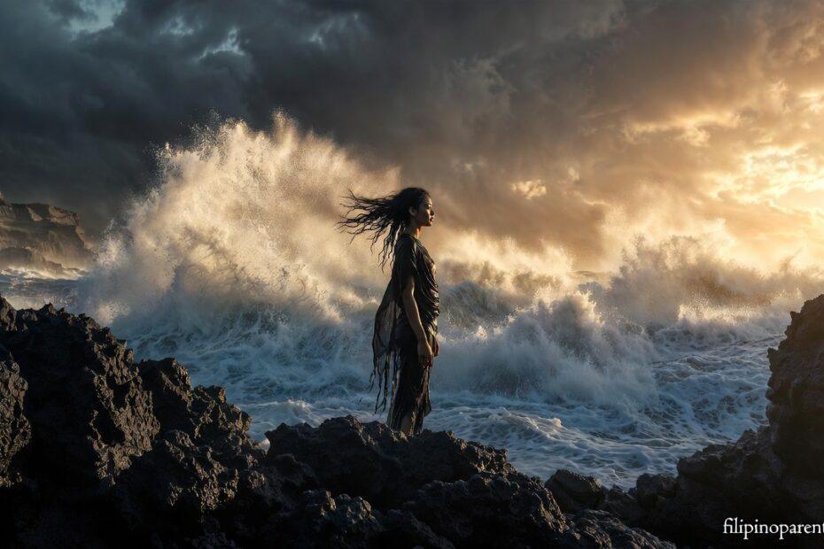 Tagalog Sayings Overcome Fear Stay Brave: 5 Indomitable Truths A woman facing ocean waves in Batanes representing Tagalog Sayings Overcome Fear Stay Brave.