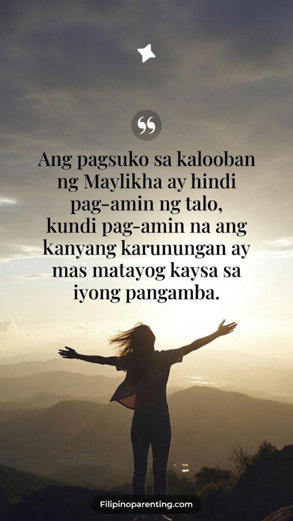 Tagalog Sayings Surrender Divine Will Peace: 5 Sacred Truths A person on a hilltop opening their arms toward a glowing sky.