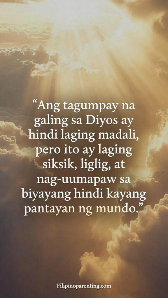 Tagalog Sayings on God’s Victory and Rising Faith: 5 Unstoppable Truths Vertical inspirational image with a Tagalog quote about God’s abundant victory, set against warm golden light and soft clouds.