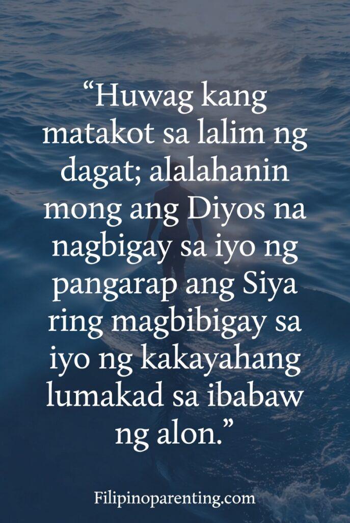 Tagalog Sayings on God’s Victory and Rising Faith: 5 Unstoppable Truths Vertical image of a Tagalog quote about trusting God to walk above life’s waves, with deep blue ocean visuals.