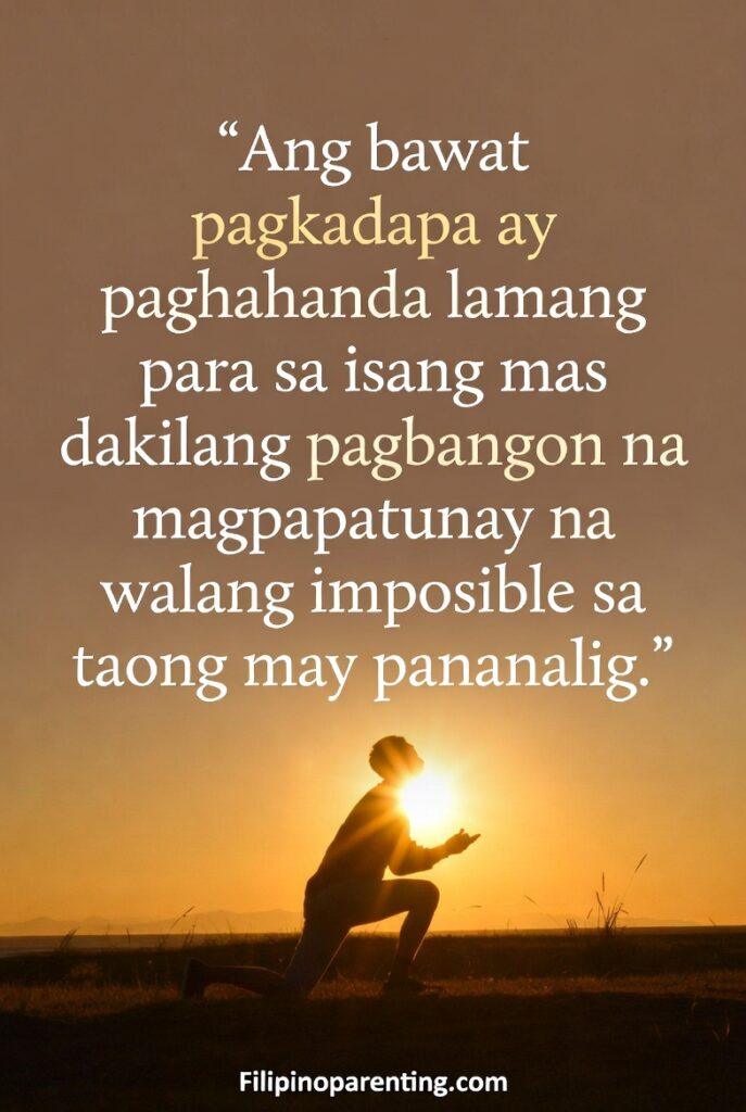 Tagalog Sayings on God’s Victory and Rising Faith: 5 Unstoppable Truths Vertical image with a Tagalog quote about rising after failure, set against a sunrise.