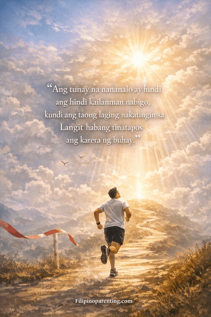 Tagalog Sayings on God’s Victory and Rising Faith: 5 Unstoppable Truths Vertical image with a Tagalog quote about true victory and looking to Heaven, with a runner and bright sky.