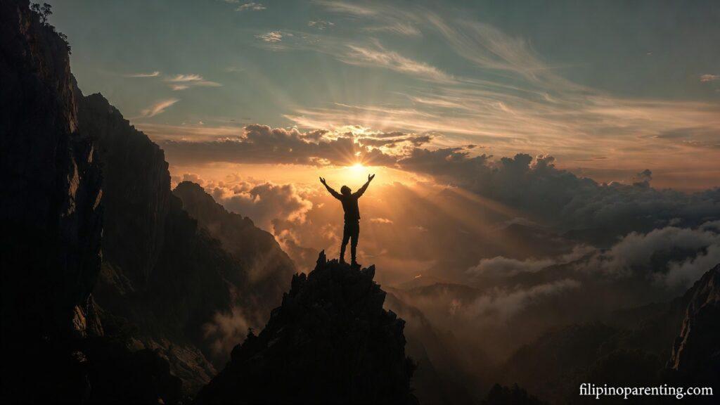 Tagalog Sayings on God’s Victory and Rising Faith: 5 Unstoppable Truths A silhouette on a mountain at sunrise representing Tagalog Sayings on God’s Victory and Rising Faith.