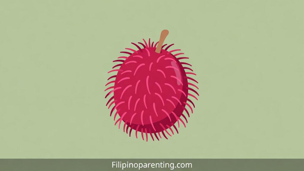 Tagalog Words Starting with R: 15 Essential & Beautiful Words for Beginners Tagalog words starting with R: A stylized vector illustration of a red Rambutan fruit with soft spikes on a green background.
