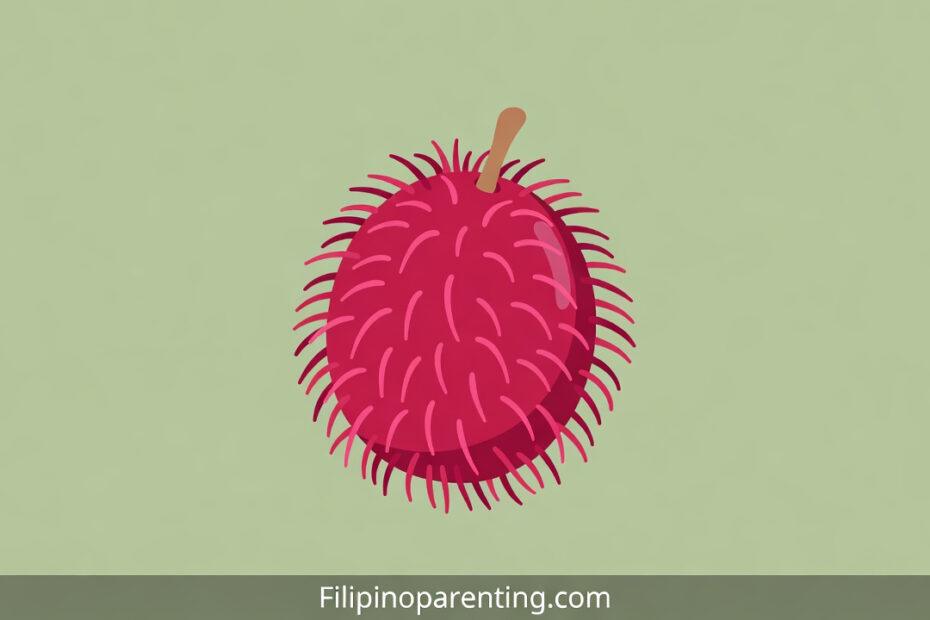 Tagalog words starting with R: A stylized vector illustration of a red Rambutan fruit with soft spikes on a green background.