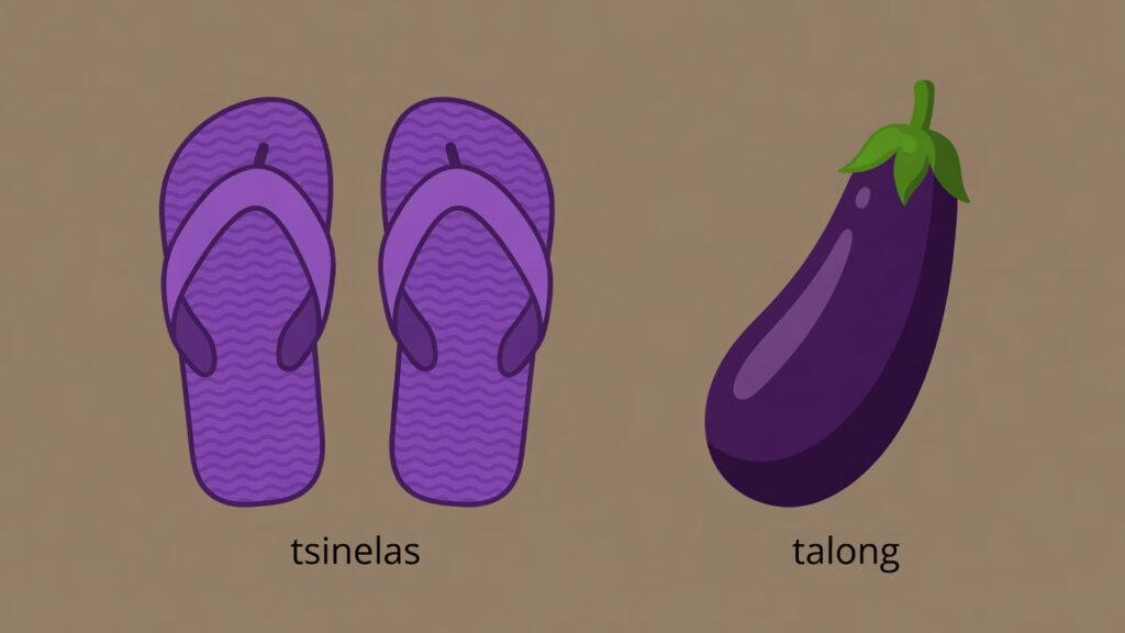 Tagalog Words Starting with T: 15 Essential & Beautiful Words for Beginners Tagalog Words Starting with T: A stylized vector illustration of purple flip-flops (tsinelas) and a purple eggplant (talong) on a brown background.