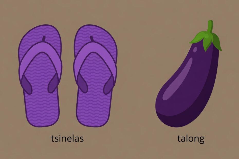 Tagalog Words Starting with T: A stylized vector illustration of purple flip-flops (tsinelas) and a purple eggplant (talong) on a brown background.