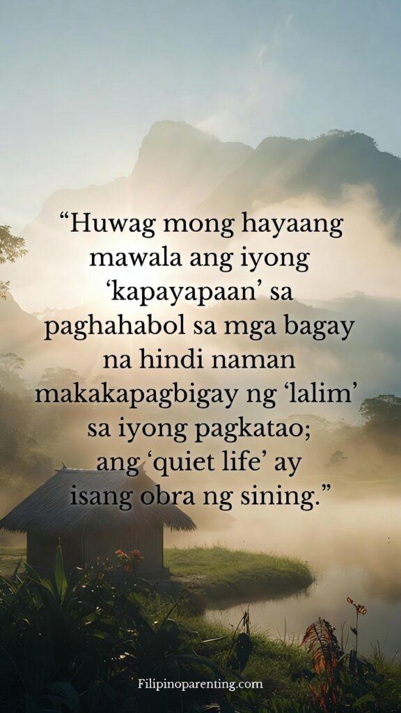 Tagalog Words on Pagkakuntento and Quiet Life: 5 Enchanting Truths Vertical serene countryside image with a quote about peace and the quiet life.
