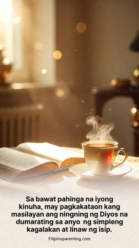Tagalog Words on Pagkakuntento and Quiet Life: 5 Enchanting Truths Vertical warm-toned image showing peaceful rest and divine radiance.