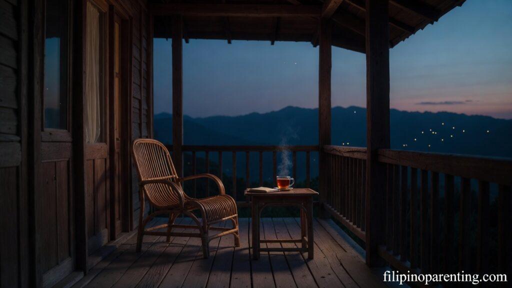 Tagalog Words on Pagkakuntento and Quiet Life: 5 Enchanting Truths A peaceful veranda at dusk representing Tagalog Words on Pagkakuntento and Quiet Life.