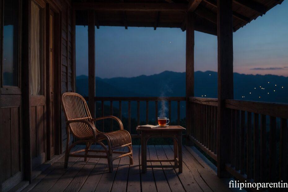 A peaceful veranda at dusk representing Tagalog Words on Pagkakuntento and Quiet Life.