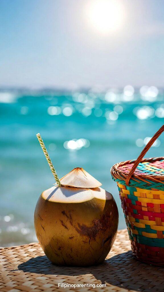 25 Fun Tagalog Beach Words for Filipino Beach Days and Swimming Adventures Fresh buko juice and a picnic basket for Tagalog beach words.