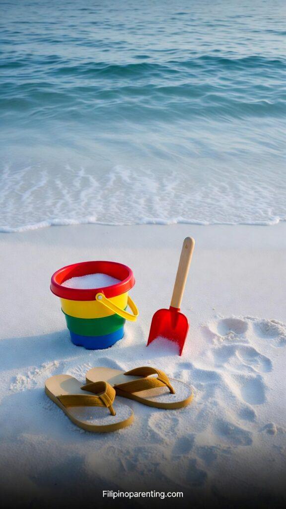 25 Fun Tagalog Beach Words for Filipino Beach Days and Swimming Adventures A sandcastle bucket and shovel used for Tagalog beach words.